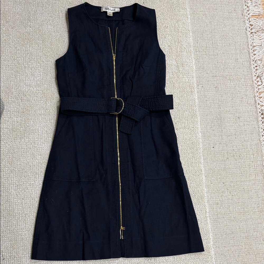 Diane Von Furstenberg Navy Sleeveless Dress with Gold Zipper